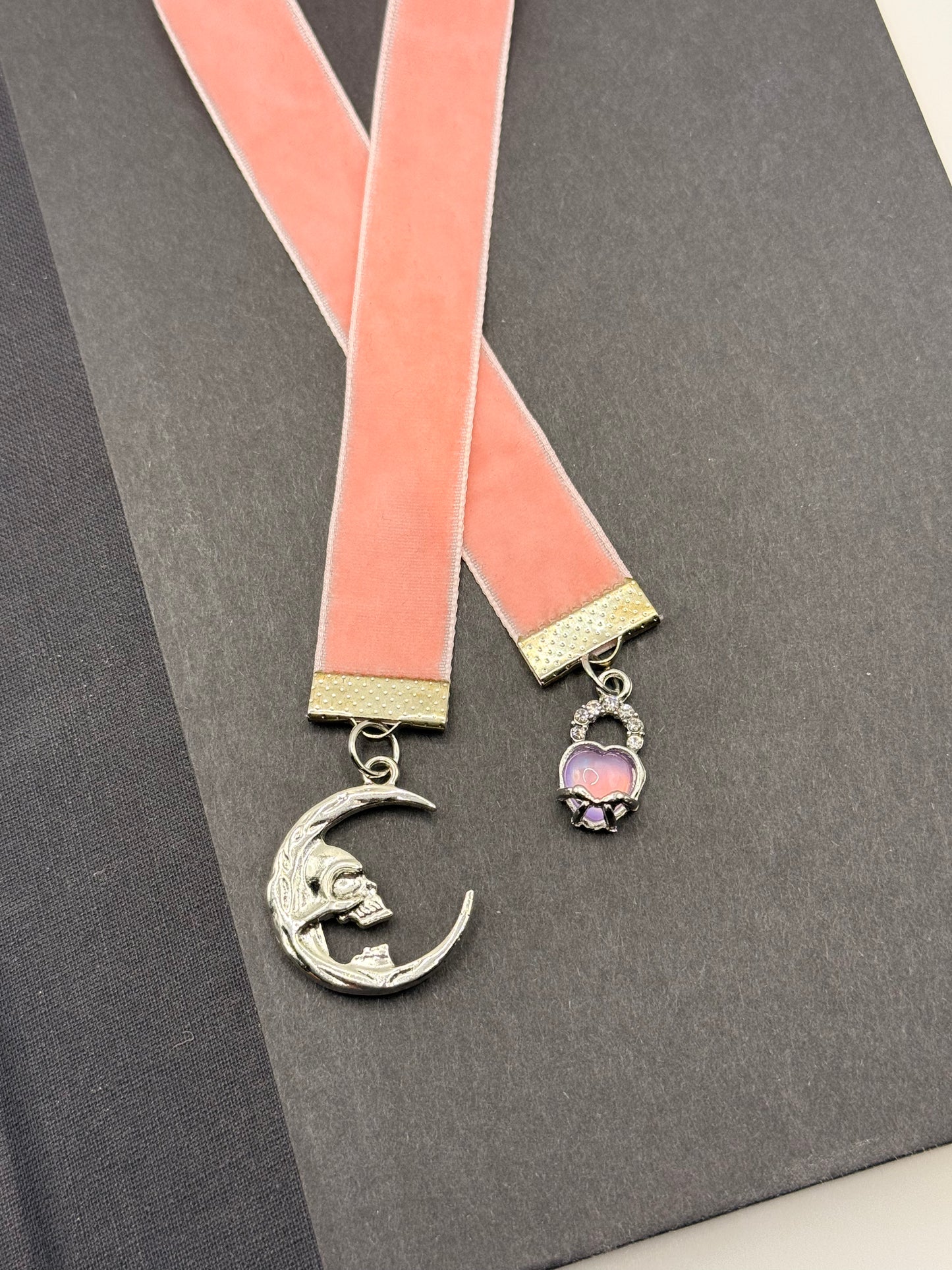 Velvet Ribbon Bookmark: Pink Moon Skull