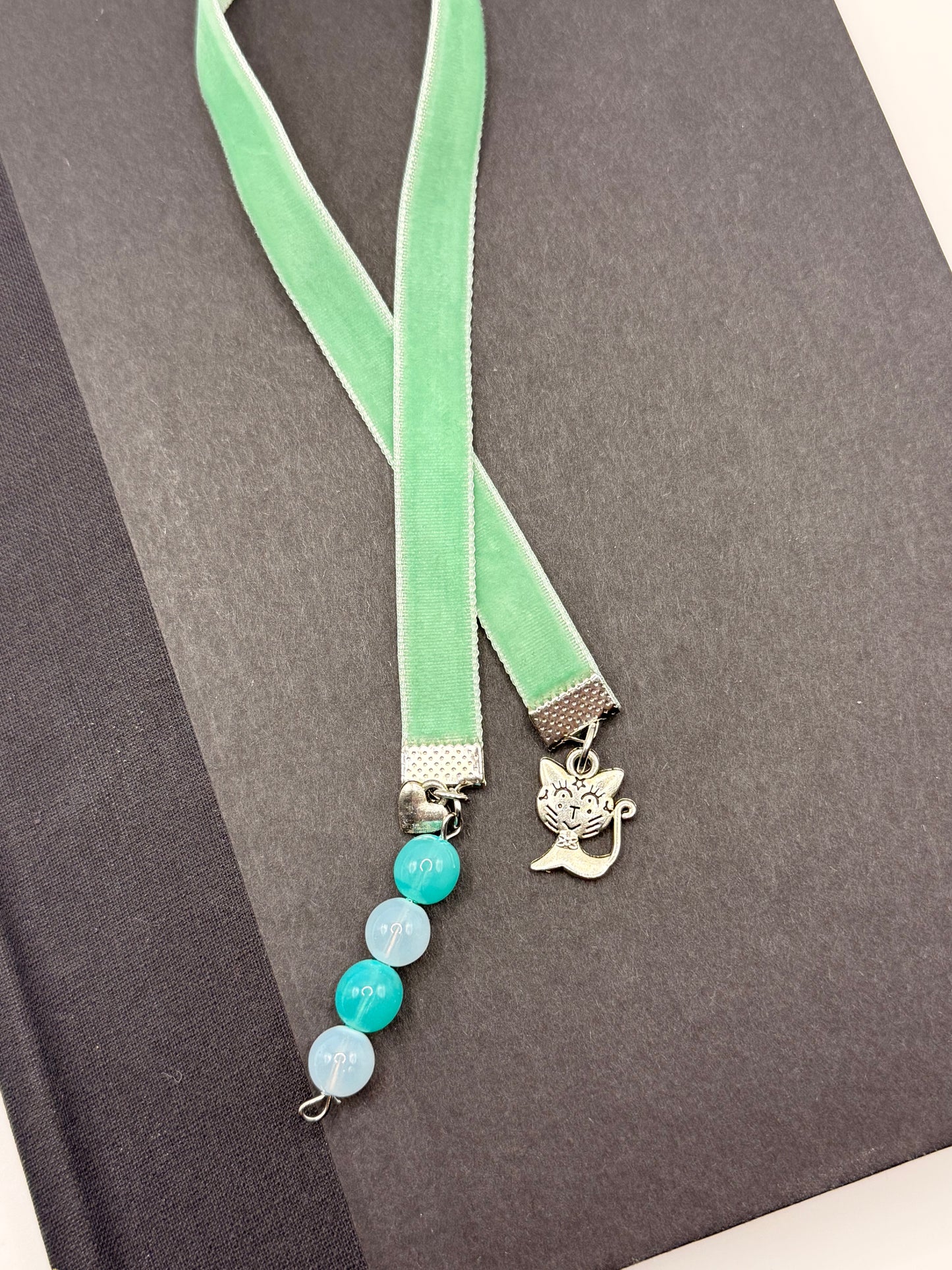 Velvet Ribbon Bookmark- Mint Green Cat