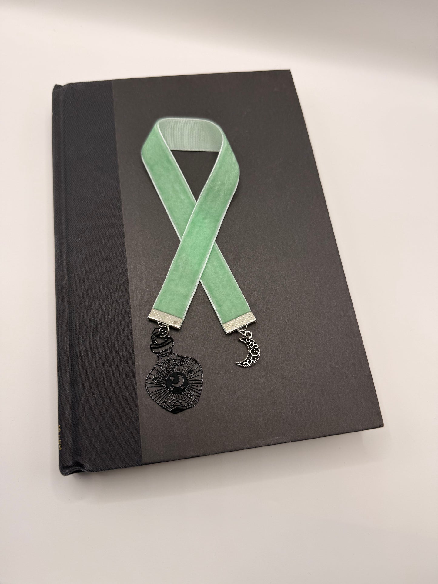 Velvet Ribbon Bookmark: Mint Green Moon & Bottle