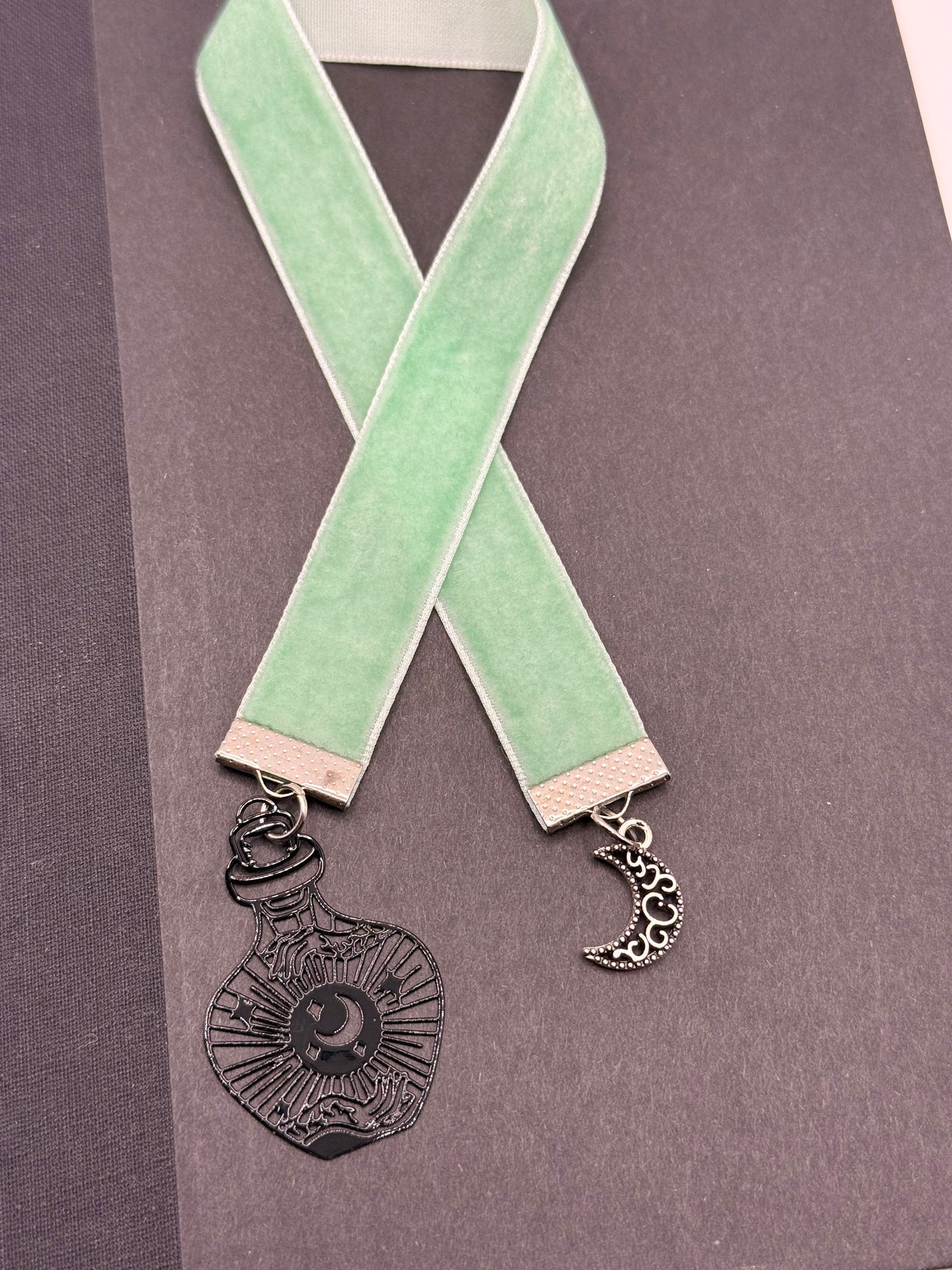 Velvet Ribbon Bookmark: Mint Green Moon & Bottle