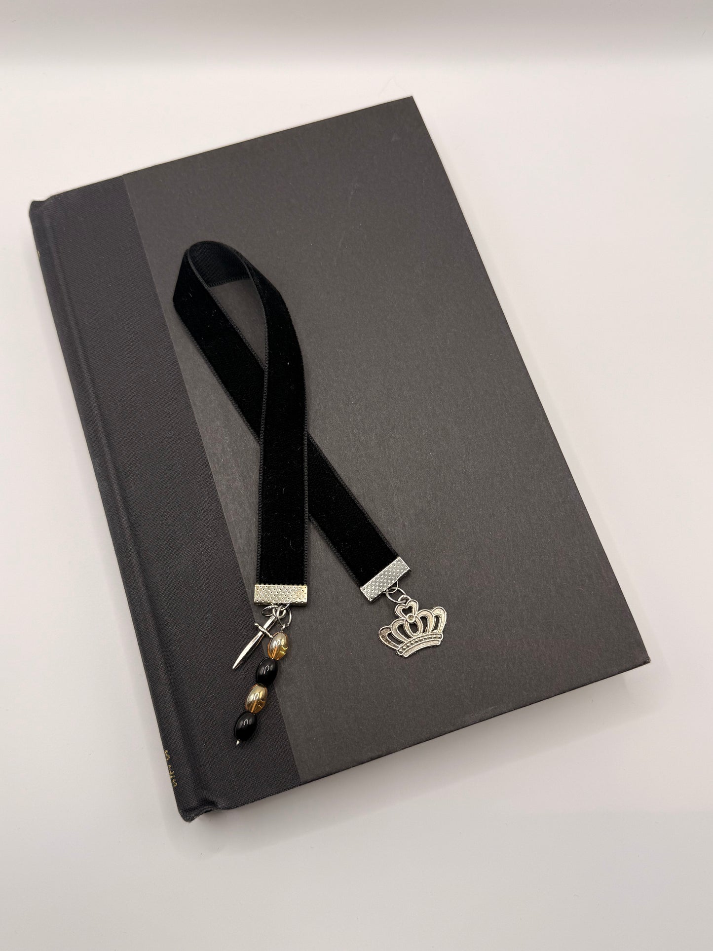 Velvet Ribbon Bookmark: Black Crown & Dagger