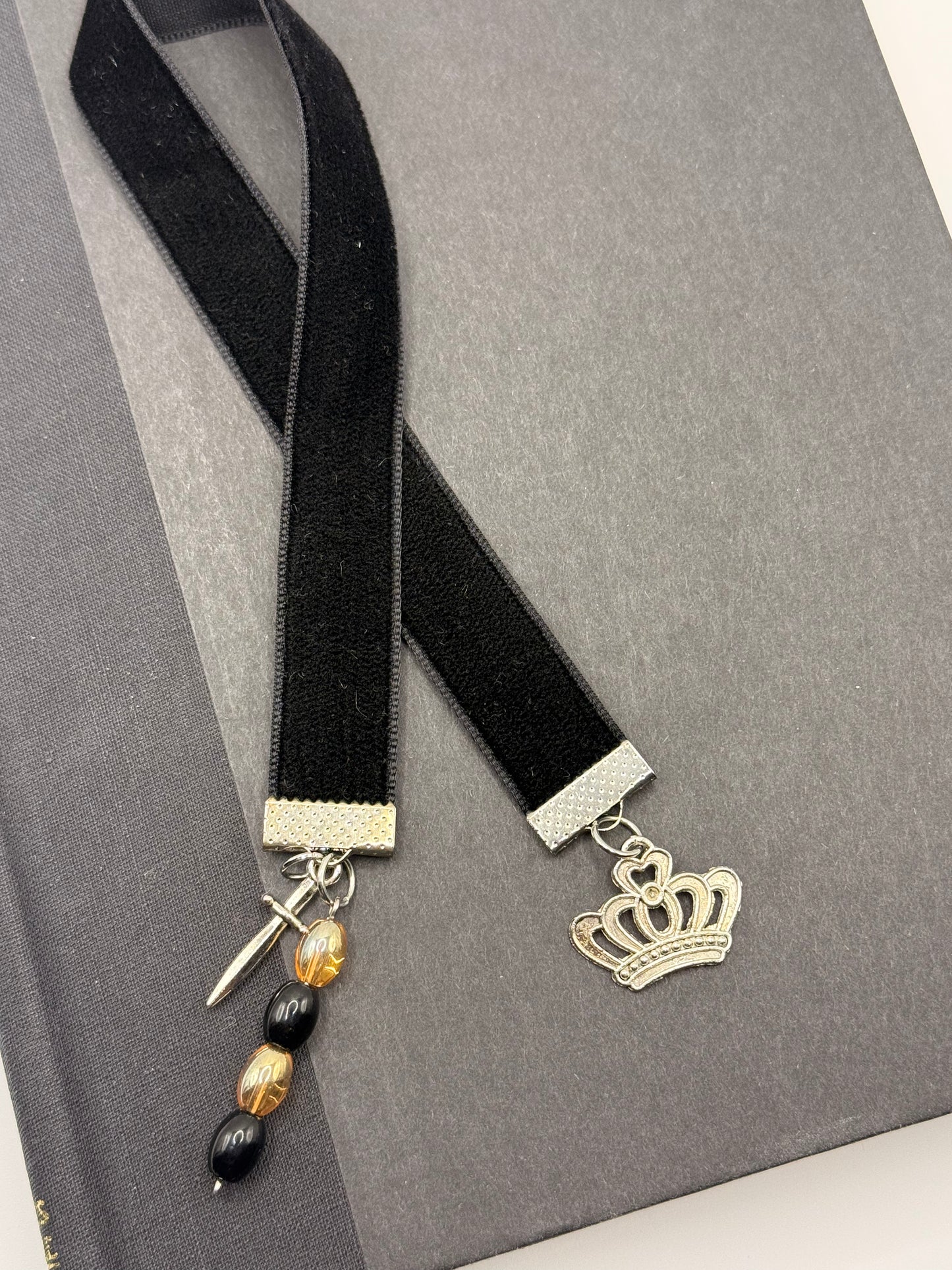 Velvet Ribbon Bookmark: Black Crown & Dagger