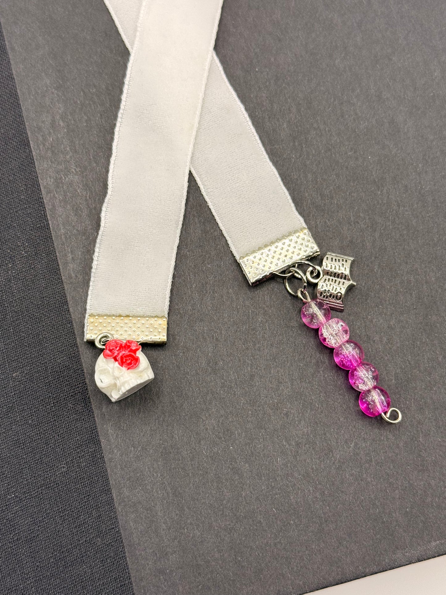 Velvet Ribbon Bookmark: White Rose Skull