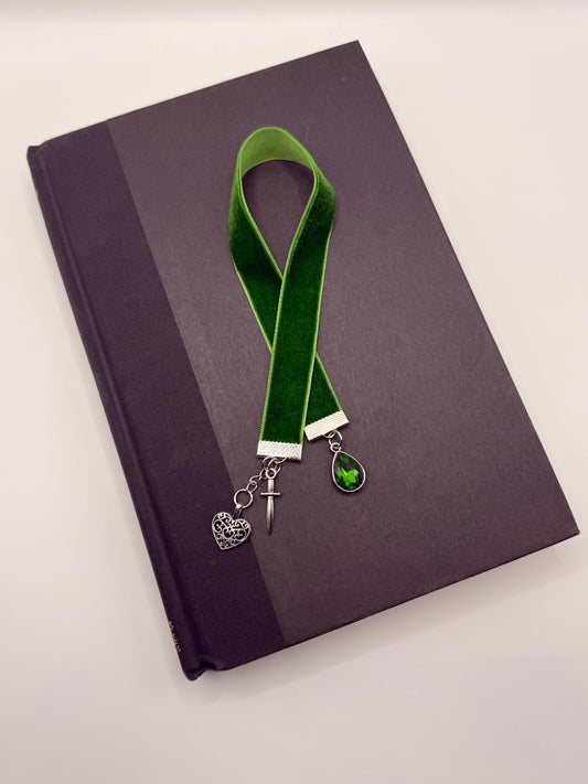 Velvet Ribbon Bookmark: Green Dagger & Heart