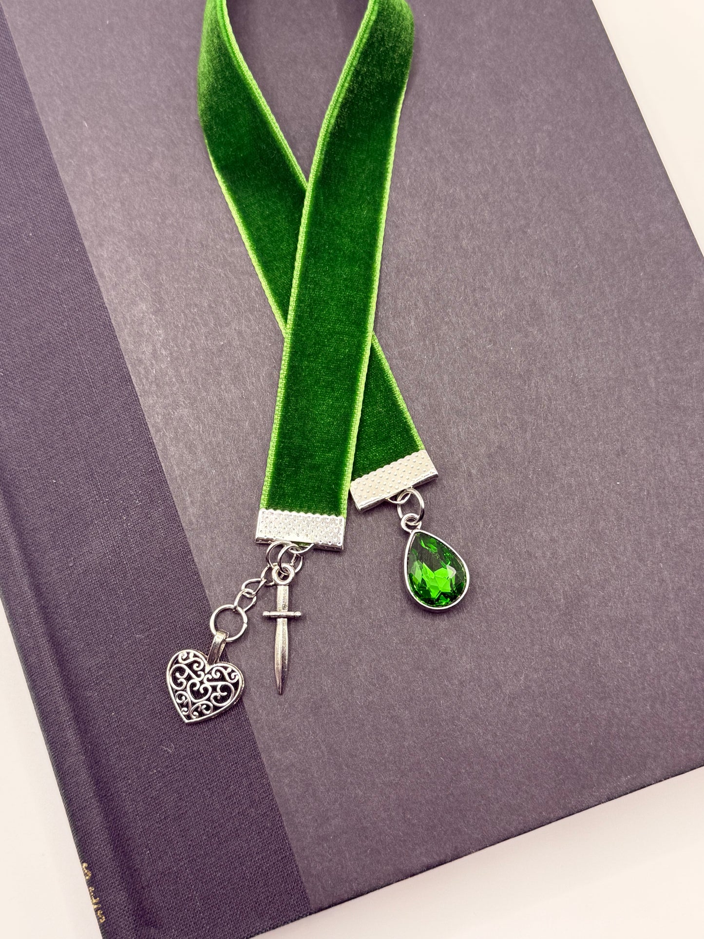Velvet Ribbon Bookmark: Green Dagger & Heart