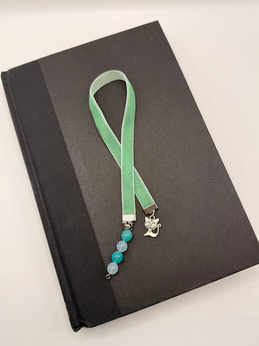 Velvet Ribbon Bookmark- Mint Green Cat